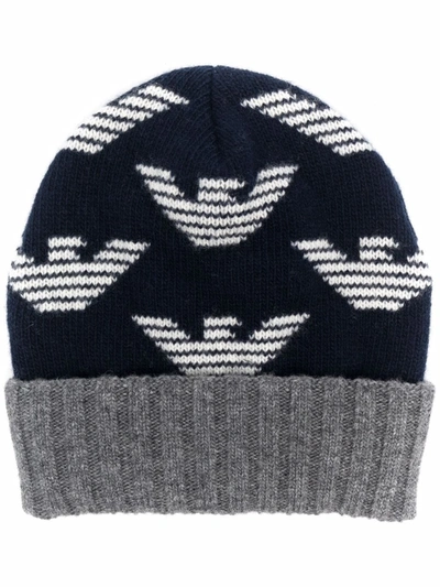 Emporio Armani Babies' Logo Intarsia Wool Knit Hat In Blue