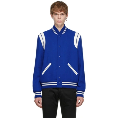 Saint Laurent Teddy Wool Jacket With Leather Profiles In Blue