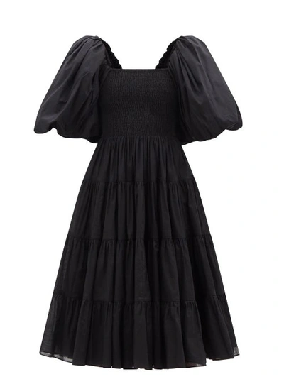 Aje Cherished Puff-sleeve Cotton Midi Dress In Black