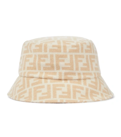Fendi Bucket Hat In Wool And Silk With All-over Ff Motif In Beige