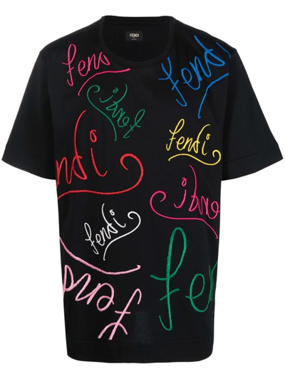 Fendi X Noel Fielding Script Embroidered Cotton T-shirt In Black