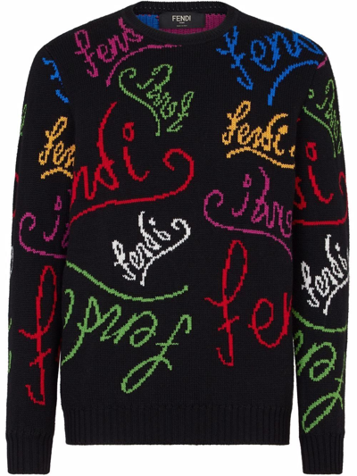 Fendi X Noel Fielding Script Logo Intarsia Wool Sweater In Black
