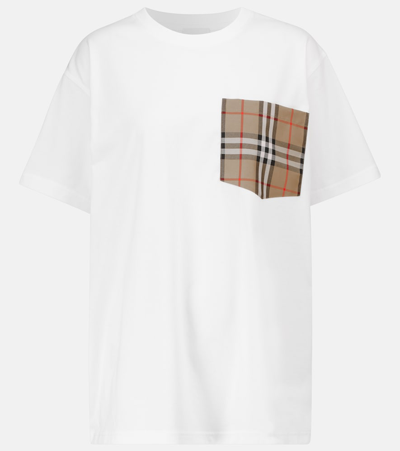 Burberry Checked Twill-trimmed Cotton-jersey T-shirt In White