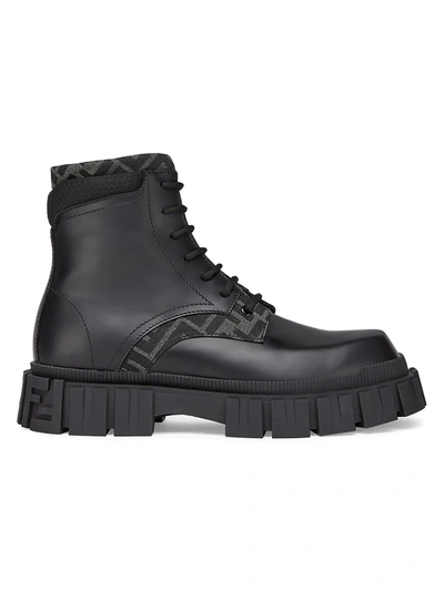 Fendi Men's Force Ff Leather Lug-sole Combat Boots In Black