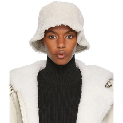 Yves Salomon Reversible Off-white Shearling & Leather Bucket Hat In Weiss