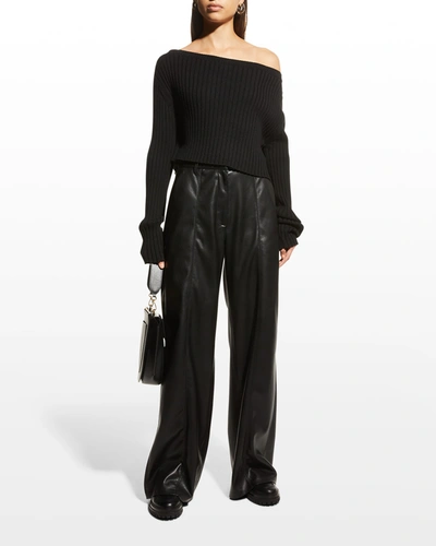 Alice And Olivia Jonah Off-shoulder Ribbed Cropped Sweater In Black