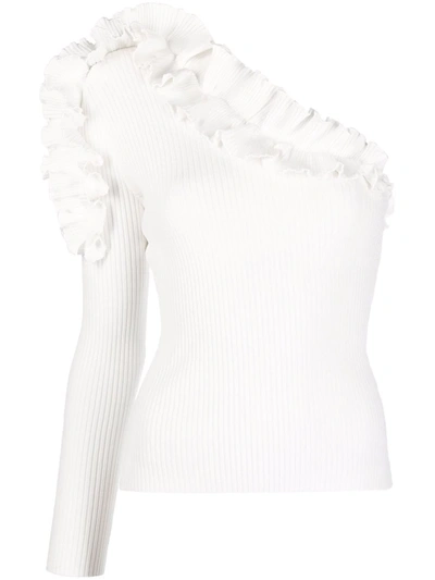 Zimmermann Concert One-sleeve Ruffled Ribbed-knit Top In White
