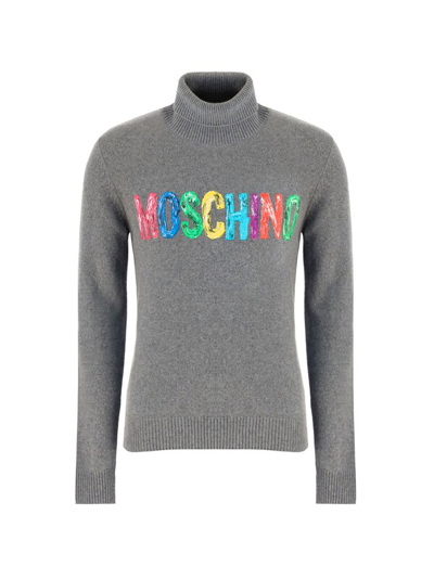 Moschino Painted-logo Cashmere Sweater In Grey
