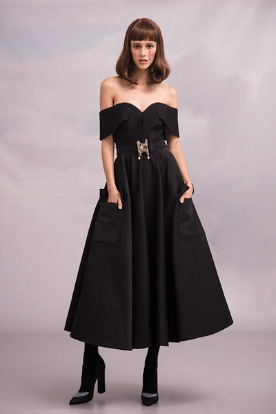 Hussein Bazaza Off The Shoulder Midi Dress In Black