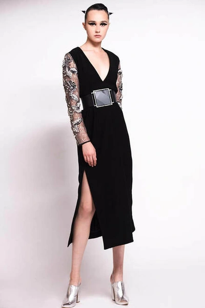 Hussein Bazaza V-neck Belted Midi Dress In Black