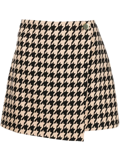 Alice And Olivia Renna Houndstooth Button Wrap Skirt In Almondblack