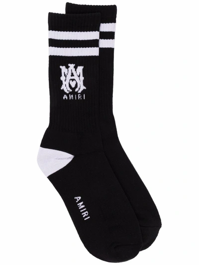 Amiri Logo-intarsia Ribbed Stretch Cotton-blend Socks In Black