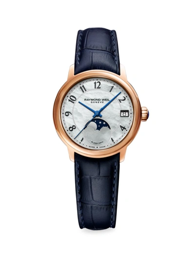 Raymond Weil Maestro Moon Phase Mother-of-pearl Leather Watch In White/blue