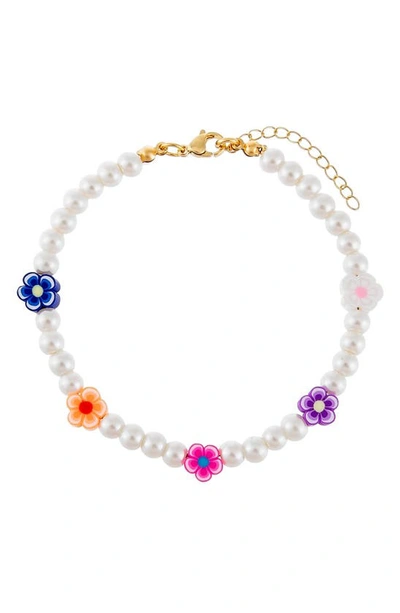 Adinas Jewels Neon Multicolor Flower & Faux Pearl Beaded Ankle Bracelet In Gold Tone In Multi-color