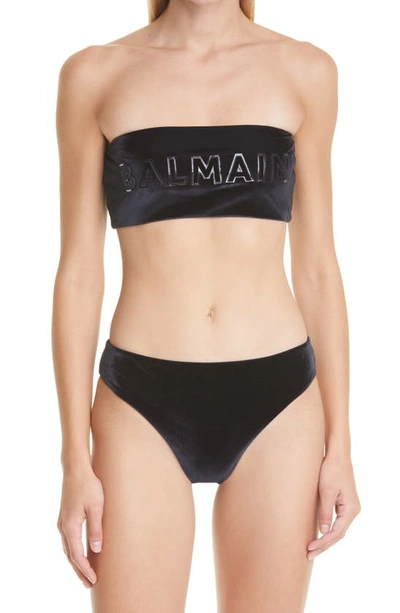 Balmain Logo Embossed Two-piece Swimsuit In Black