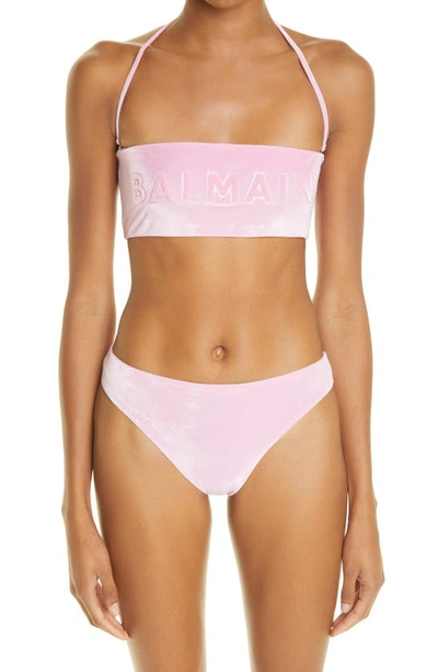 Balmain Logo Embossed Two-piece Swimsuit In Light Pink
