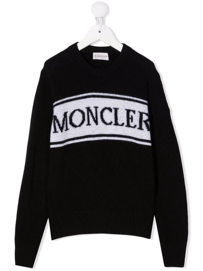 Moncler Kids' Logo Intarsia Virgin Wool Knit Sweater In Black