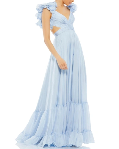 Ieena For Mac Duggal Cutout Ruffle Tulle Lace-up Gown In Powder Blue