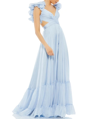 Mac Duggal Cutout Ruffle Tulle Lace-up Gown In Powder Blue