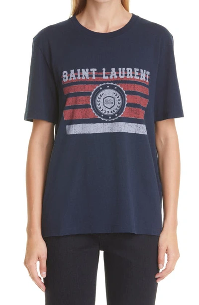 Saint Laurent League Logo Graphic Tee In 4472 Marine/ Rouge/ Gris Cl