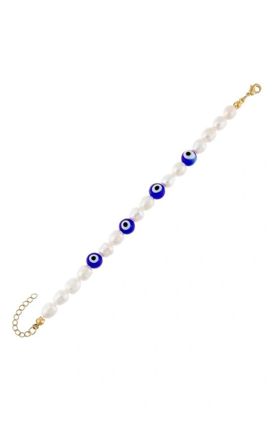 Adinas Jewels 14k Gold-plated, 6mm Freshwater Pearl & Glass Evil Eye Bracelet In Pearl White