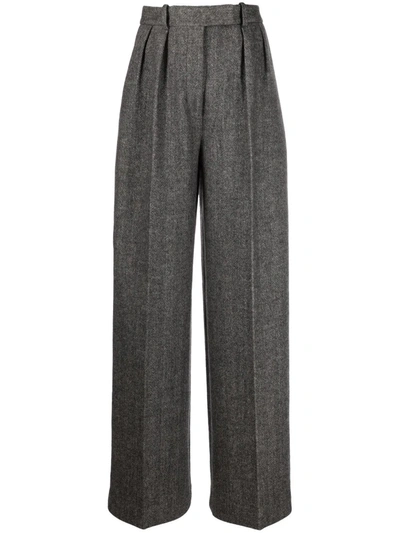Khaite Teyana Pleated Herringbone Wool-tweed Wide-leg Pants In Gray