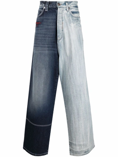 Balenciaga 50/50 Wide-leg Embroidered Colour-block Jeans In Balenciaga 50/50 Wide-leg Embroidered Colour-block Jeans In