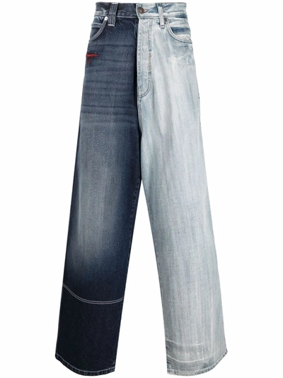 Balenciaga 50/50 Wide-leg Embroidered Colour-block Jeans In Blue