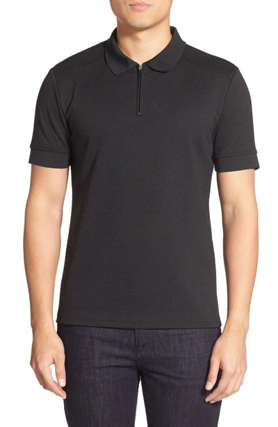 Vince Camuto Men's Waffle-knit Quarter-zip Strech Polo In Black
