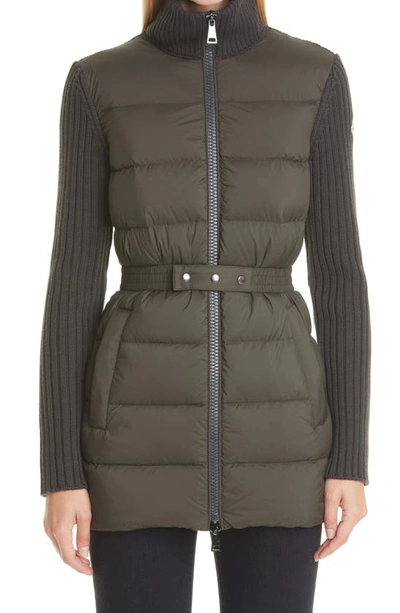 Moncler Quilted Down Knit Cardigan In Olive ModeSens
