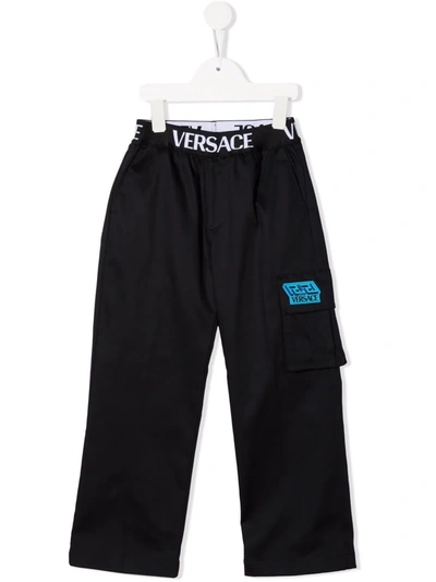 Versace Kids' Logo-waistband Straight-leg Trousers In Black