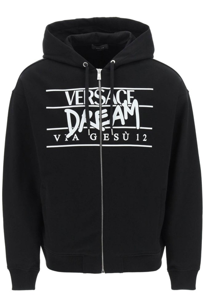 Versace Monogram Print Zip-up Hoodie Sweatshirt In Black,white