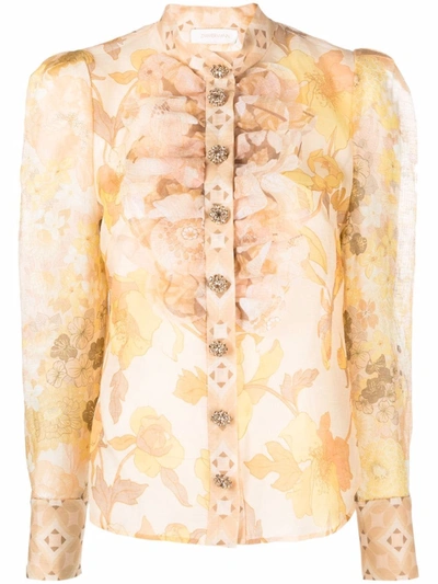 Zimmermann Women's Tempo Crystal-embellished Ruffled Floral Silk Shirt In Yellow
