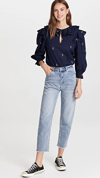 Something Navy Embroidered Ruffle Top In Navy