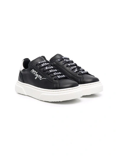 Msgm Teen Logo-print Low-top Leather Trainers In Black