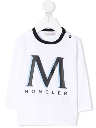 Moncler Babies' Long-sleeved Cotton T-shirt With Logo Print In (bianco/nero)