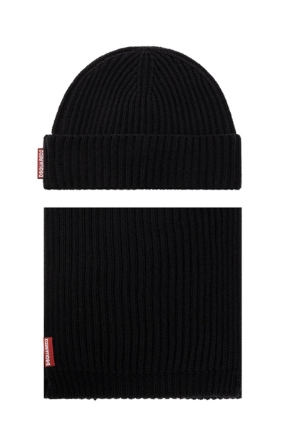 Dsquared2 Logo-tab Ribbed-knit Scarf And Beanie Set In Black