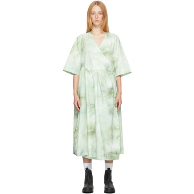 Ganni Green Organic Poplin Watercolor Mini Dress In 801 Kelly Green