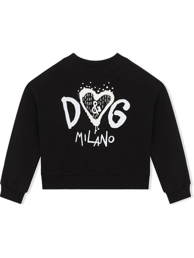 Dolce & Gabbana Kids' Heart Logo Imitation Pearl Embellished Cotton Sweatshirt In Hn3ep Black