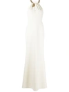 Marchesa Notte Keyhole Halter Gown W/ Beaded Appliques In Floral