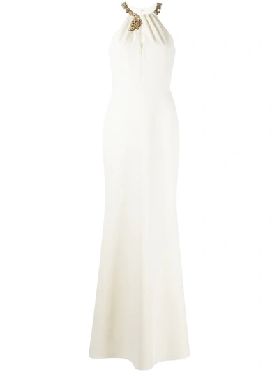 Marchesa Notte Keyhole Halter Gown W/ Beaded Appliques In Ivory