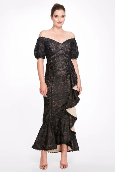 Marchesa Notte Side-ruffle Off-shoulder Gown In Black