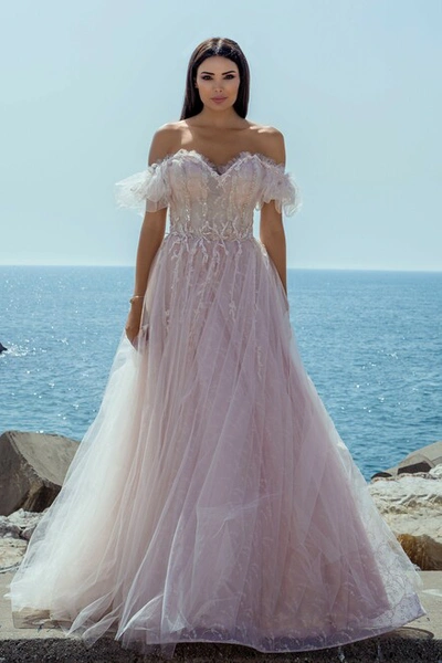 Ziad Germanos Off Shoulder Tulle And Lace Gown