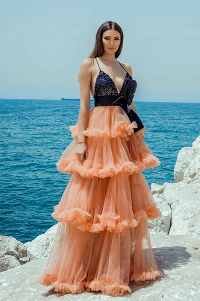 Ziad Germanos Tiered Ruffled Tulle Gown