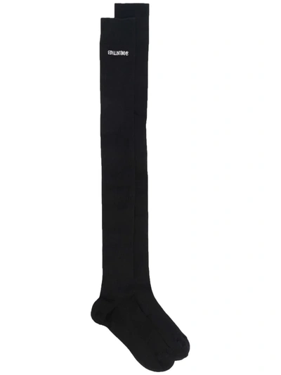 Red Valentino Logo-embroidered Thigh-high Socks In Black
