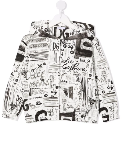 Dolce & Gabbana Kids' Logo Print Zip Front Hoodie In White Prnt