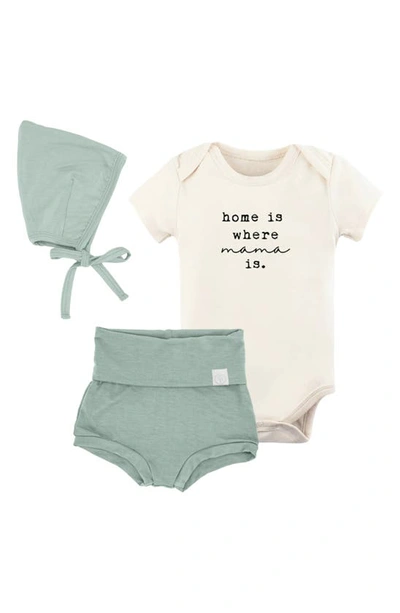 Tenth & Pine Babies' Home Is Where Mama Is Bodysuit, Bloomers & Hat Set In Sage