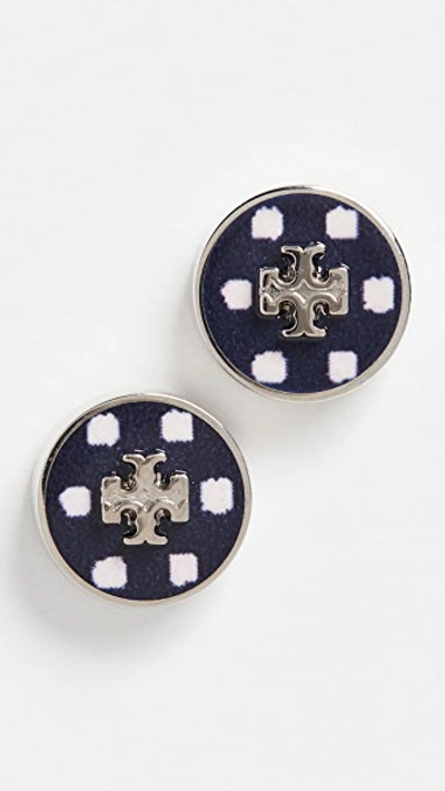 Tory Burch Kira Enamel Printed Circle Stud Earrings In Blue/silver