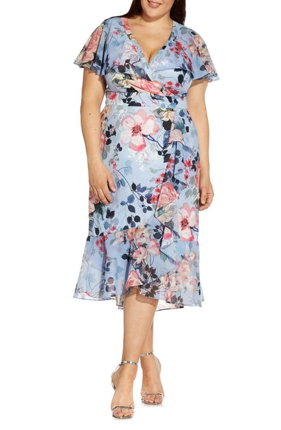 Adrianna Papell Ruffle Floral Chiffon Faux Wrap Midi Dress In Blue Multi