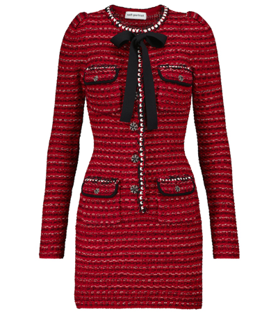 Self-portrait Long Sleeve Wool & Cotton Blend Melange Knit Dress In Red